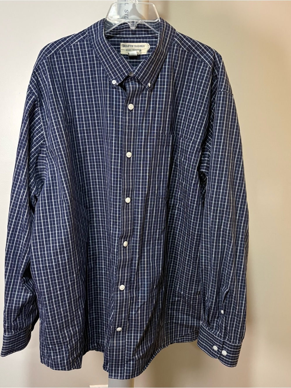 Duluth Wrinkle Fighter Shirt Mens 2XL Plaid Relaxed Fit Long Sleeve Blue White